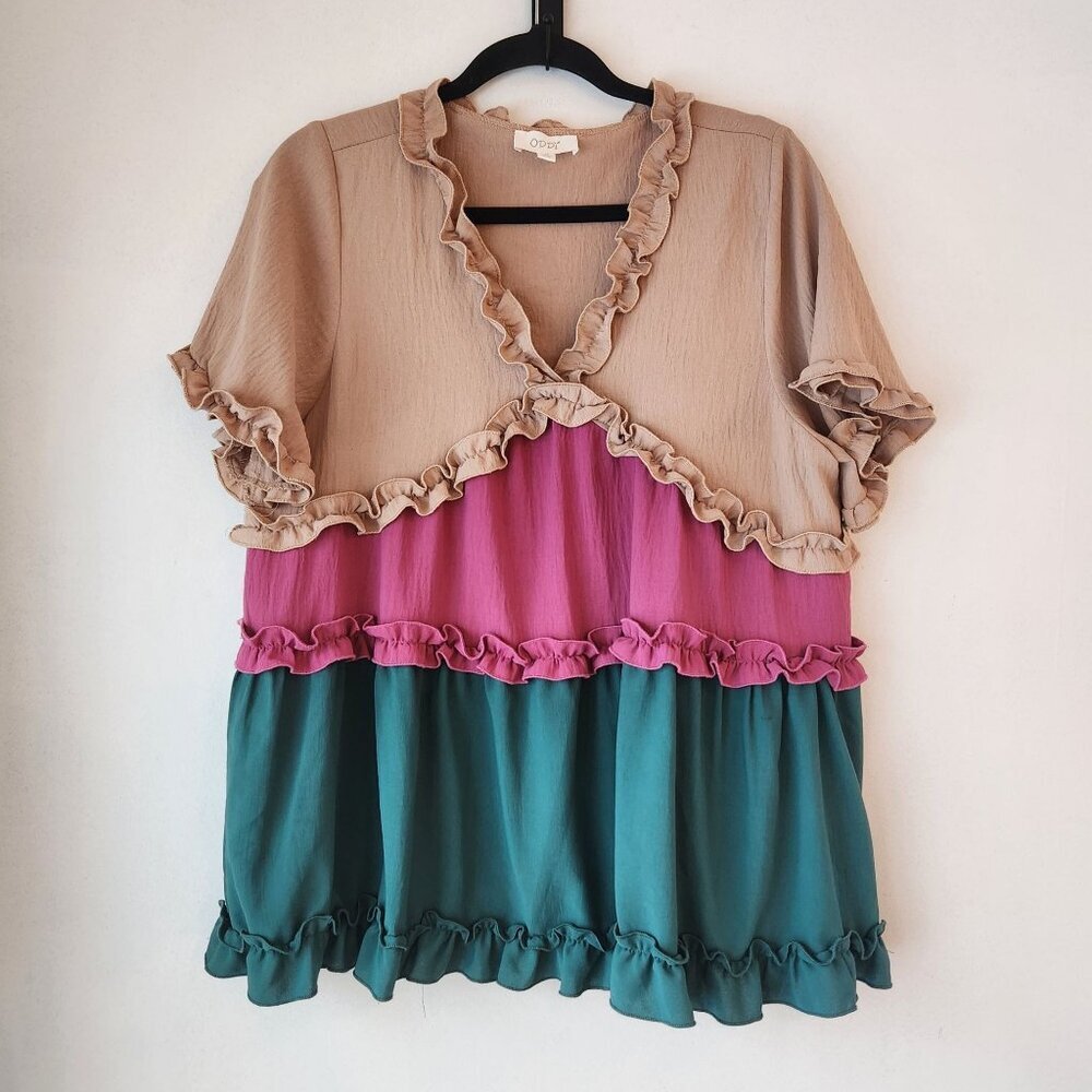 Oddy Tiered Ruffled Blouse Top Shirt Colorblocked Spring Fall Women's M